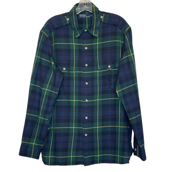 Polo By Ralph Lauren Button Down Green Tartan Plaid Epaulets Patch Elbow Shirt L - Picture 1 of 10